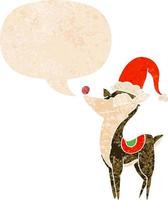 cartoon christmas reindeer and speech bubble in retro textured style vector