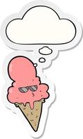 cartoon cool ice cream and thought bubble as a printed sticker vector