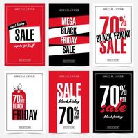 Sale banners set in black, white and red colours with discount percentage, rebate tag or label, poster with mega Black Friday sale inscription. Vector illustration in flat style for shopping season.
