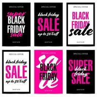 Vertical sale banner set in black, pink and white colours for web pages and social media posts, mobile phone banners. Vector sale poster template for special offer, Black Friday and sale season.