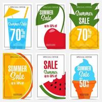 Summer sale banner set with ice cream, glass with cocktail and straw, bright colourful exotic fruits, orange, pineapple, watermelon, cherry for discount promotion, special offer, holiday shopping. vector