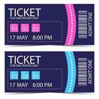 Ticket mockup or template design in modern style with detachable part and bar code in pink and blue colours. Entrance pass for event, holiday, show, cinema, theatre, circus, carnival or festival. vector