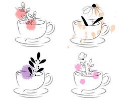 juego de tazas con flores vector