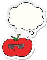 cartoon cool apple and thought bubble as a printed sticker vector