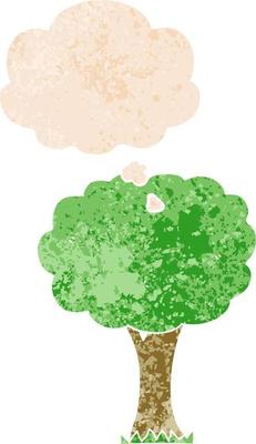 cartoon tree and thought bubble in retro textured style