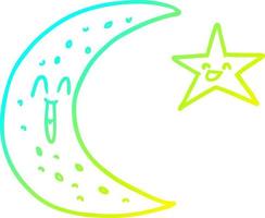 cold gradient line drawing happy cartoon moon and star vector