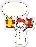 cartoon snowman and present and speech bubble sticker vector