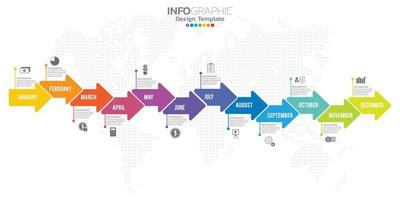 Timeline infographic presentation for 1 year 12 months used for Business concept with 12 options, steps and processes. vector