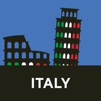 Travel to Italy flat design elements. Vector sketch illustration of Colosseum, Leaning Tower of Pisa. Rome, Venice, Pisa famous symbols isolated on white black background