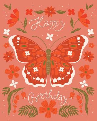 Birthday card with flowers and butterfly.