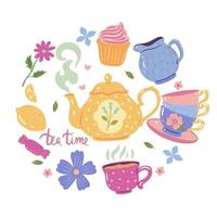 Tea accessories are arranged in a circle on a white background. Vector graphics