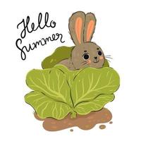 Cute rabbit in cabbage isolated on white background. Vector graphics.