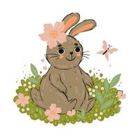 Cute rabbit sitting on a flower meadow. Vector graphics.