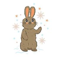 Cute rabbit and snowflakes isolated on white background. vector