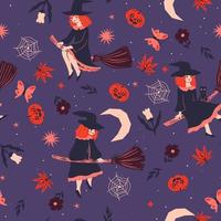 Seamless pattern with witches flying on broomsticks. Vector graphics.