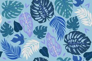 Seamless pattern with tropical leaves in blue colors. Vector graphics.