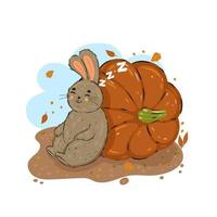 Cute rabbit sleep leaning on a pumpkin. vector