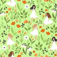 Seamless pattern with girls in white dresses in the meadow. Vector graphics.