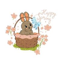 lindo conejo primaveral en una canasta. vector