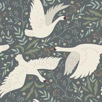 Seamless pattern with swans and plants. Vector graphics.