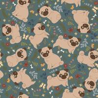 Seamless pattern with cute pugs and flowers. Vector graphics.