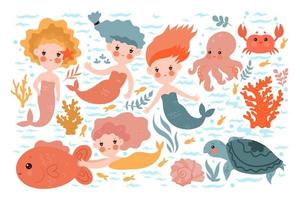 Collection of cute mermaids and sea animals isolated on white background. vector