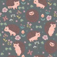 Seamless pattern with cute hedgehogs and flowers. Vector graphics.