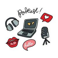 a collection of broadcasting tools in hand drawn design. cute podcast icon illustration vector