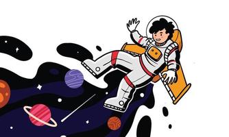 young people fly by wearing space suits. jetpack technology flying between stars and planets vector