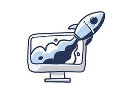 launch rocketthe computer with rocket slid out from inside the screen. illustration of a trending startup industry vector