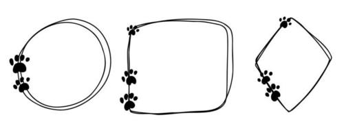 Cute abstract doodle isolated frames set hand drawn. Round lines with paws. For pets, love collection.