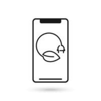 Mobile phone flat design icon with eco energy icon with electric plug and leaf sign. vector