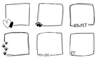 Cute abstract doodle isolated I love my pets frames set paws hand drawn. For dog, cat, bunny line collection. vector