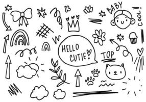 Doodle line arrows, flowers, kid, pet, text, crown. Sketch set cute isolated line collection. vector
