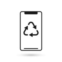 Mobile phone flat design icon with recycle sign. vector