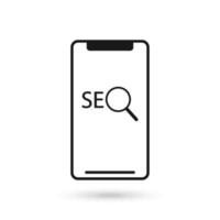 Mobile phone flat design icon with SEO, search engine optimization algorithm sign. vector
