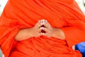 Close up hand up from Asia monk, prays., Bangkok, Thailand. photo