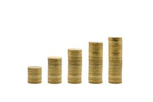 The minimal Gold coins towers graph pattern that shows the growth of investment and saving money from left to right are isolated on white background. Clipping Paths. photo