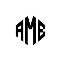 AME letter logo design with polygon shape. AME polygon and cube shape logo design. AME hexagon vector logo template white and black colors. AME monogram, business and real estate logo.