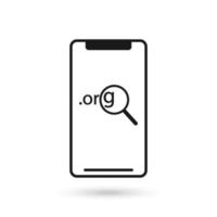 icono de diseño plano de teléfono móvil con icono de punto org y signo de lupa. vector