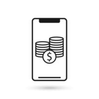 Mobile phone flat design icon with dollar coins sign. vector