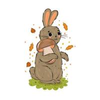 A cute rabbit holds a mushroom in its paws. vector