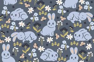 Seamless pattern with cute rabbits and flowers.Vector graphics. vector