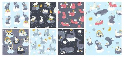 Set of seamless patterns for nursery with cute animals. Vector graphics.