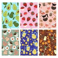 Set of seamless patterns with cute kawaii food. Vector graphics