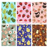 Set of seamless patterns with cute kawaii food. Vector graphics