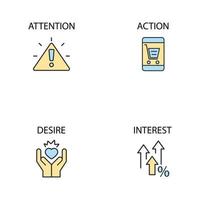 aida acronym of attention interest desire action business word with icons set . aida acronym of attention interest desire action business word with pack symbol vector elements for infographic web