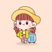 Cute kid girl with luggage hand drawn cartoon character illustration vector