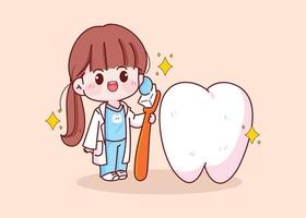 linda mujer dentista sosteniendo un cepillo de dientes de pie con sus dientes dibujado a mano ilustración de personaje de dibujos animados vector