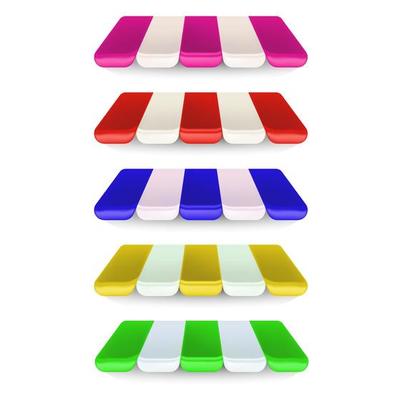 Realistic shop awning tents set. Outdoor market canopy roof for cafe, store front and shop. Tent sunshade for window, colored striped roof isolated. 3d realistic vector icon set